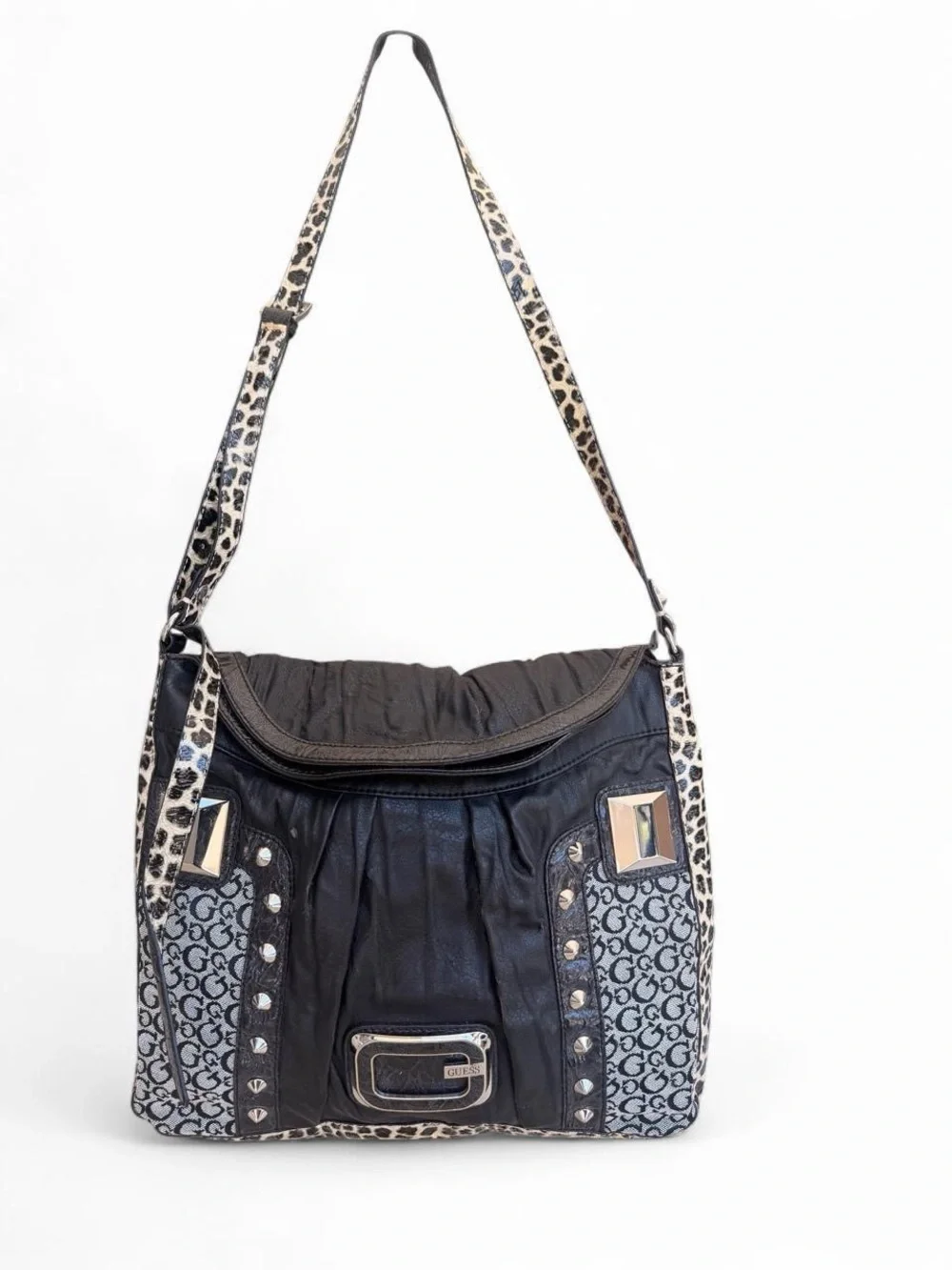 Guess Black and Beige Leopard-Trim Hobo Shoulder Bag